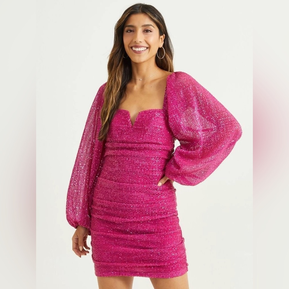 Altar'd State Fuchsia Sequin Long‎ puff Sleeve Dress size XS
